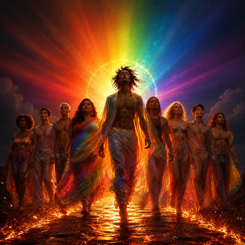 image of a diverse community walking over a road of fire with a magnificent rainbow radiating outward from behind them.