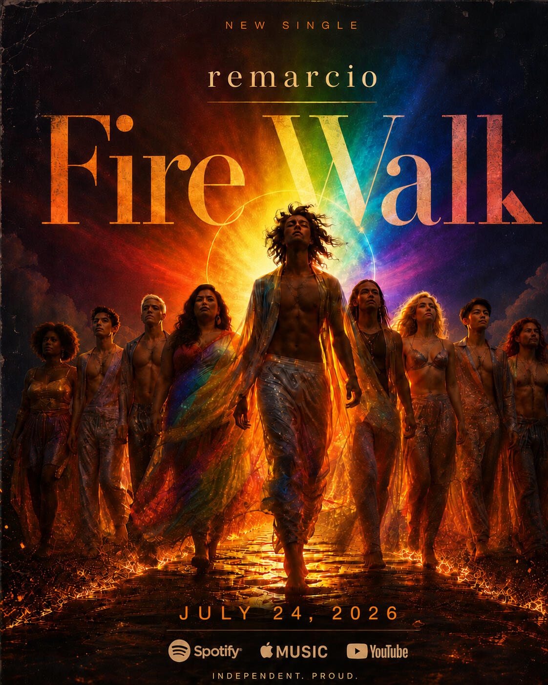 Fire Walk image of a diverse community walking over a road of fire with a magnificent rainbow radiating outward from behind them.